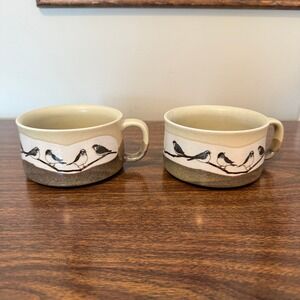 Vintage Otagiri Bird on Branch Stoneware Soup Mugs Set of 2 Earth Tone Cups